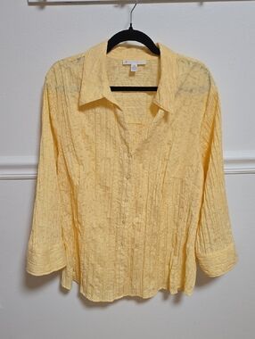 JM Collection Pale Yellow Textured Button-Down Blouse